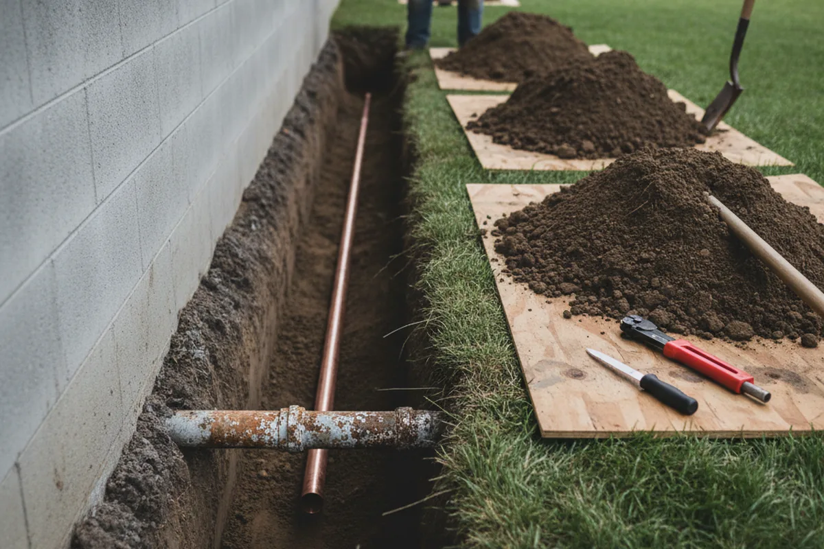 Excavated water line trench during Sewer Line Repair in Doyline